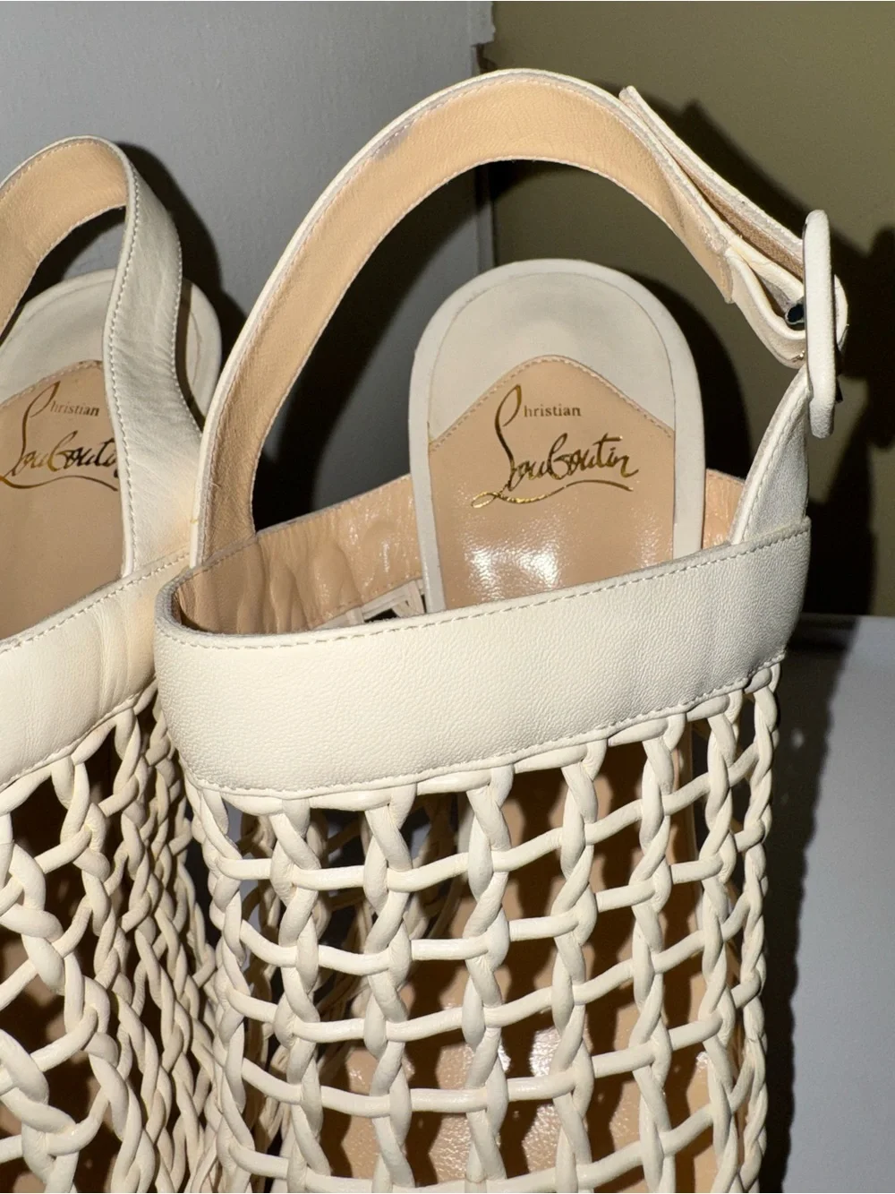 Christian Louboutin Cream Woven Slingback High-Heel Sandals